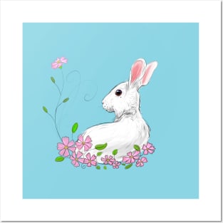 Charming Spring Rabbit and Pink Blossoms Posters and Art